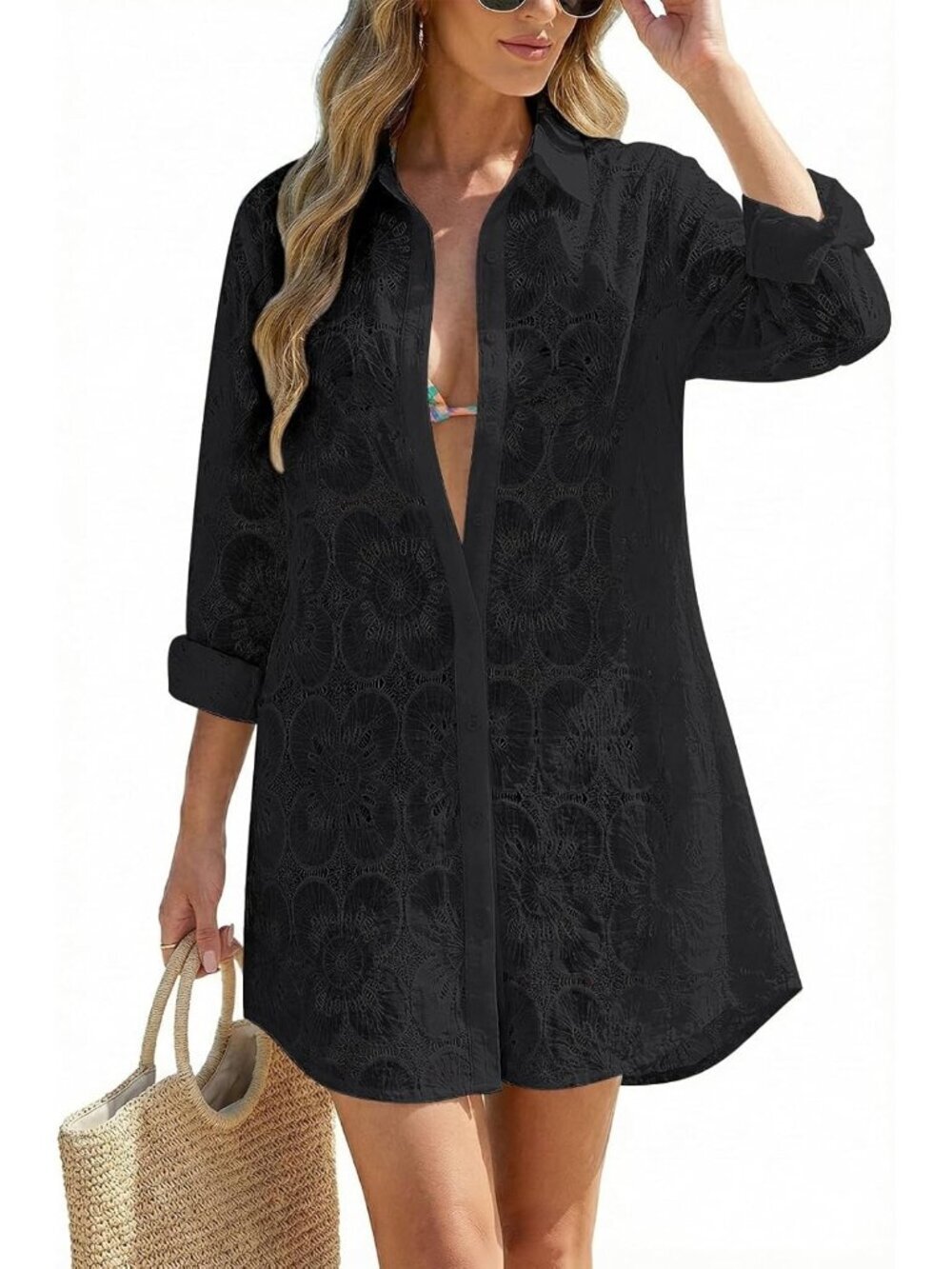 Women's Black Blouse Eyelet Bathing Suit Button Down Swimsuit Cover Up